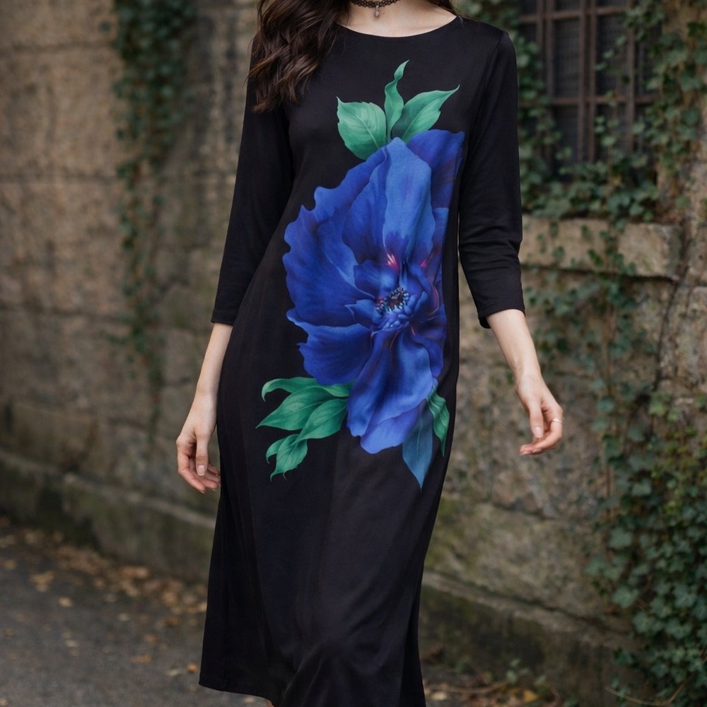 Chic Black Dress with Blue Floral Accent - Picture 2 of 9